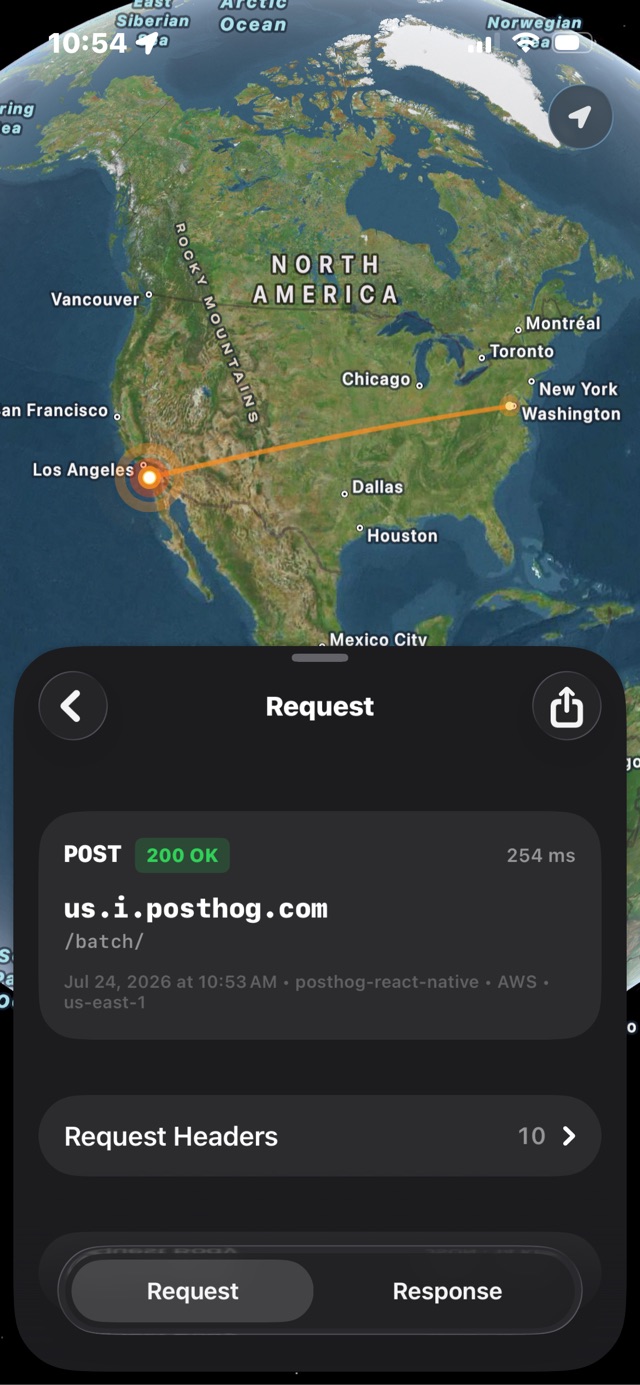 Tracer request detail over a 3D globe: an orange arc from Los Angeles to northern Virginia, and a sheet showing POST us.i.posthog.com /batch/, 200 OK, 254 ms, posthog-react-native, AWS us-east-1.