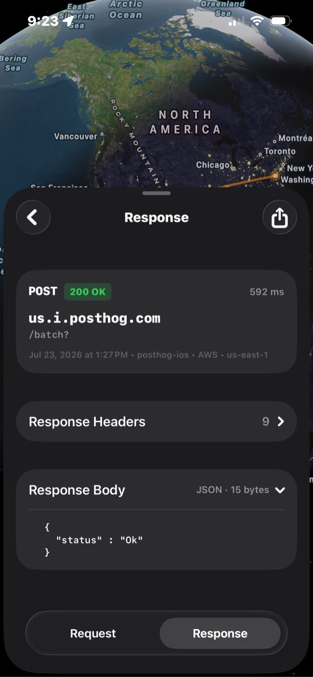 A captured POST to us.i.posthog.com/batch returning 200 OK in 592 milliseconds
