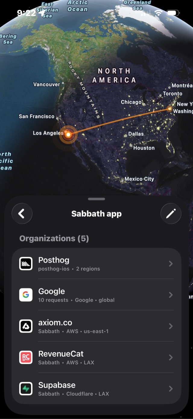 Tracer showing five organizations contacted by one iOS app during a capture session