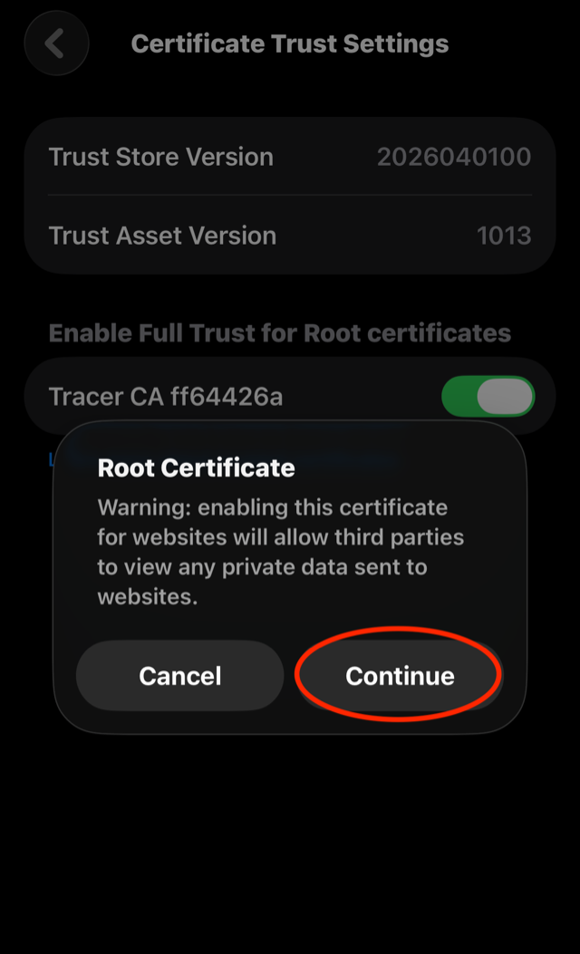 Root Certificate warning dialog over the Certificate Trust Settings screen, with the Continue button circled.