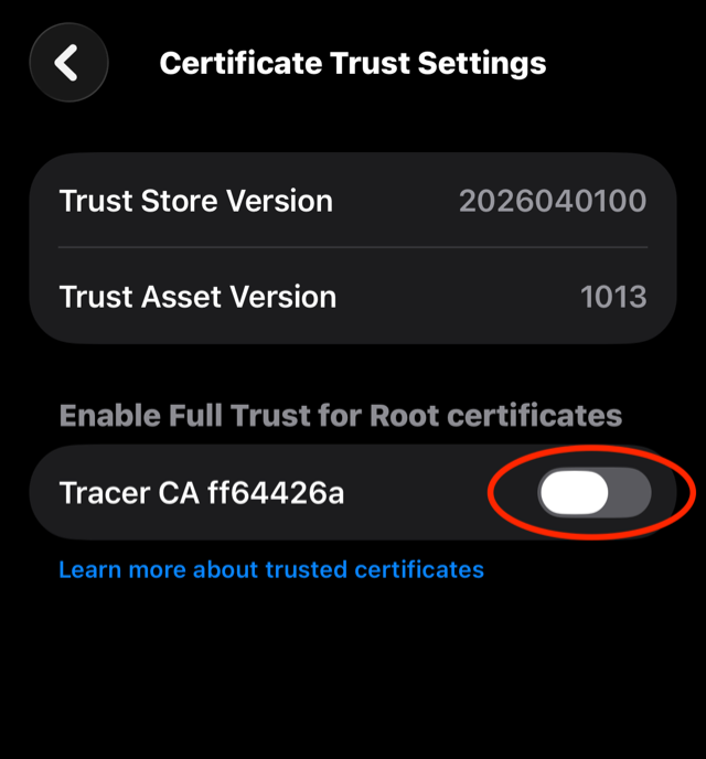 Certificate Trust Settings screen with the switch next to the Tracer CA certificate circled.